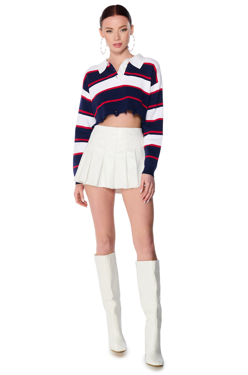 Back View Julian Distressed Cropped Button Down Sweater
