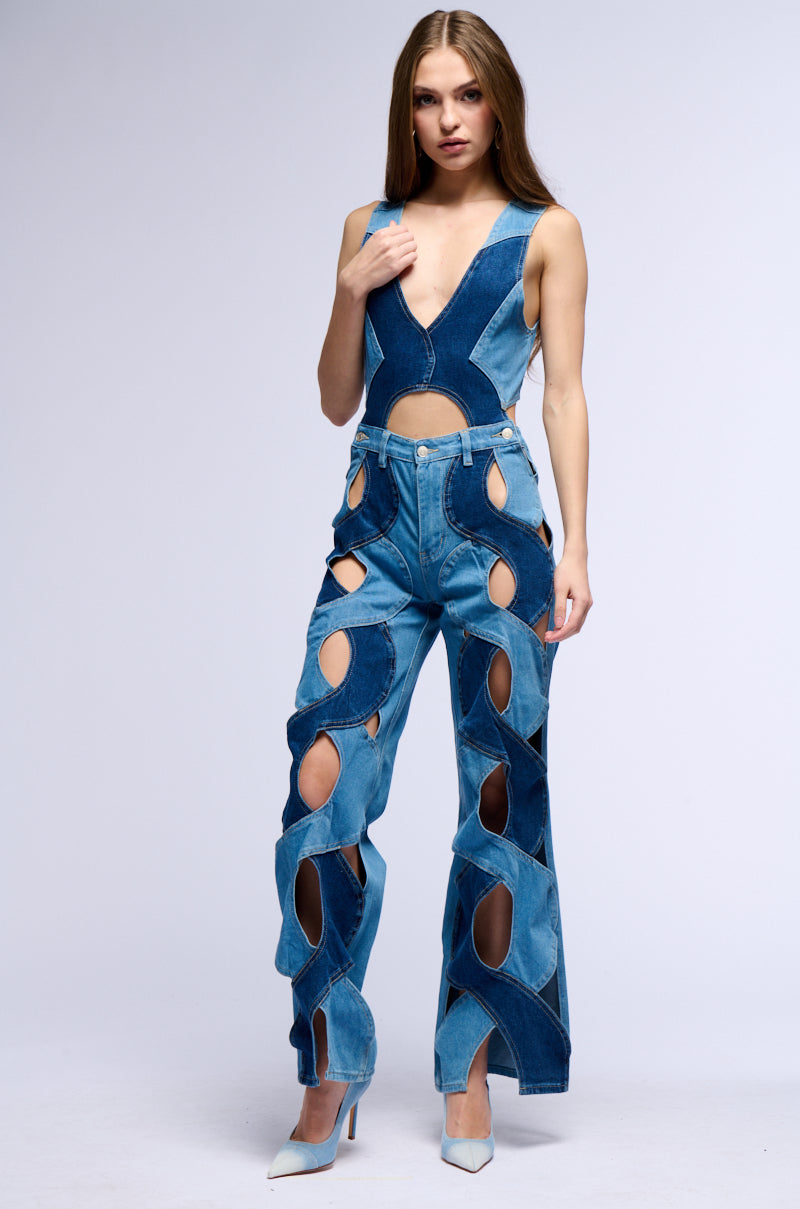 Side View Juliette Weave Two Tone Denim Jumpsuit