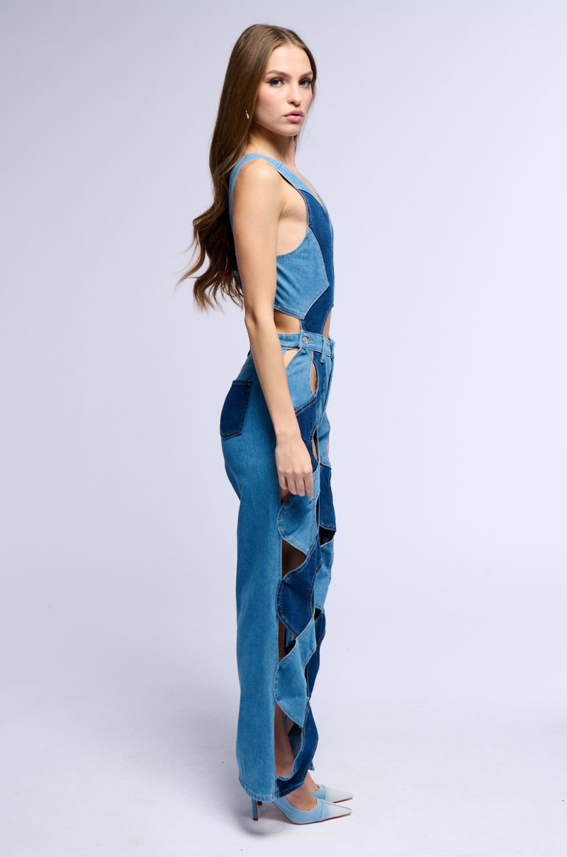 Back View Juliette Weave Two Tone Denim Jumpsuit