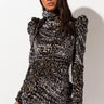 Front View Jump Into The Wild Long Sleeve Mini Dress in Black Leopard