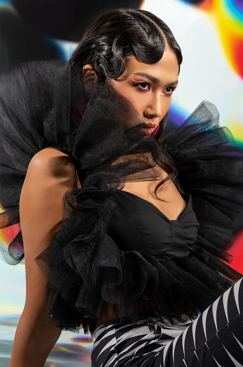 Front View Juno Ruffle Sleeve Tulle Detail Cropped Blouse