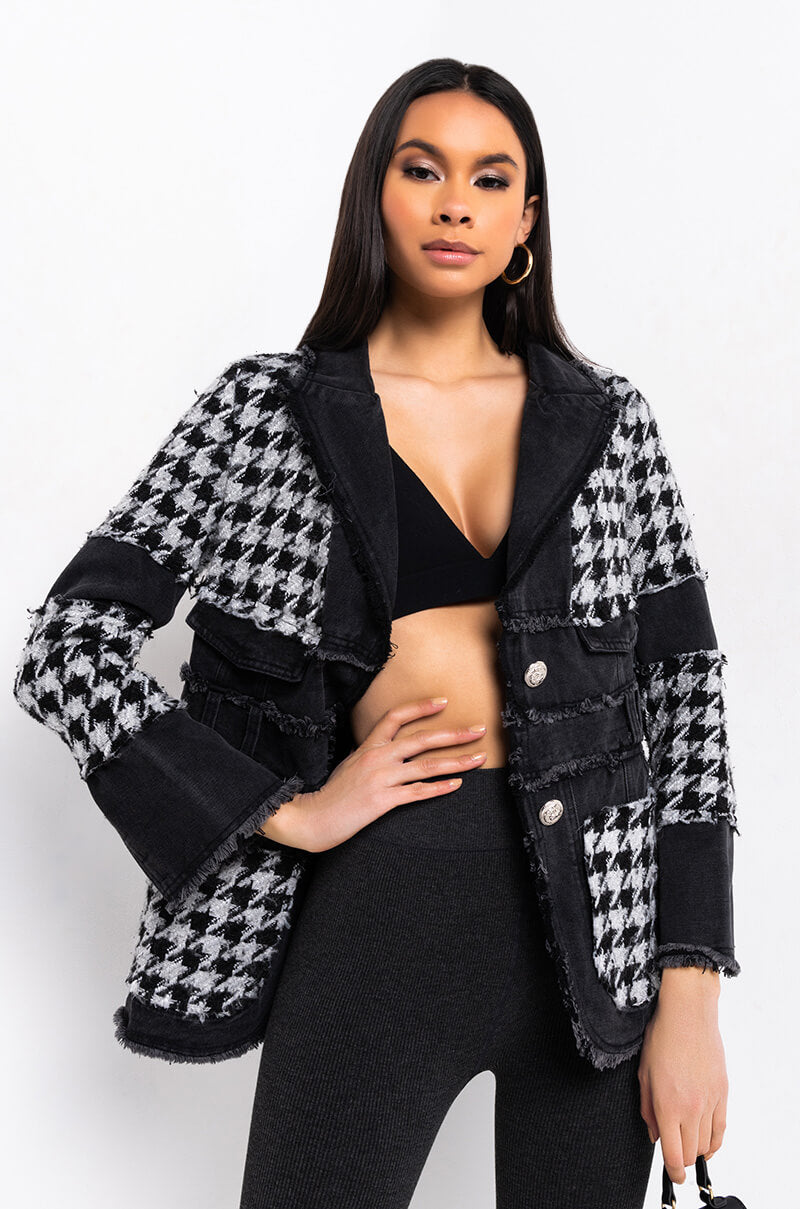 Front View Just Gimme The Light Houndstooth Puffer Coat in Black White