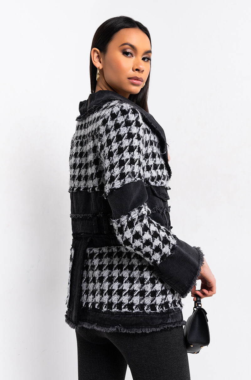 Back View Just Gimme The Light Houndstooth Puffer Coat in Black White