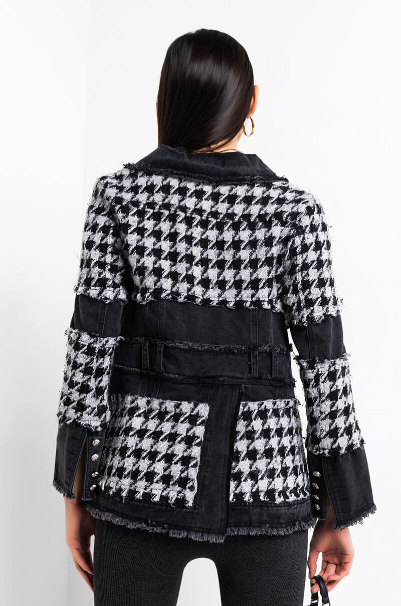 Detail View Just Gimme The Light Houndstooth Puffer Coat in Black White