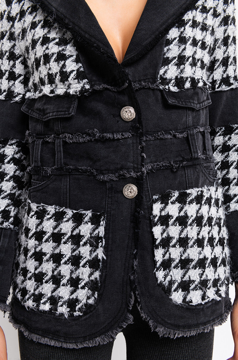 Full View Just Gimme The Light Houndstooth Puffer Coat in Black White
