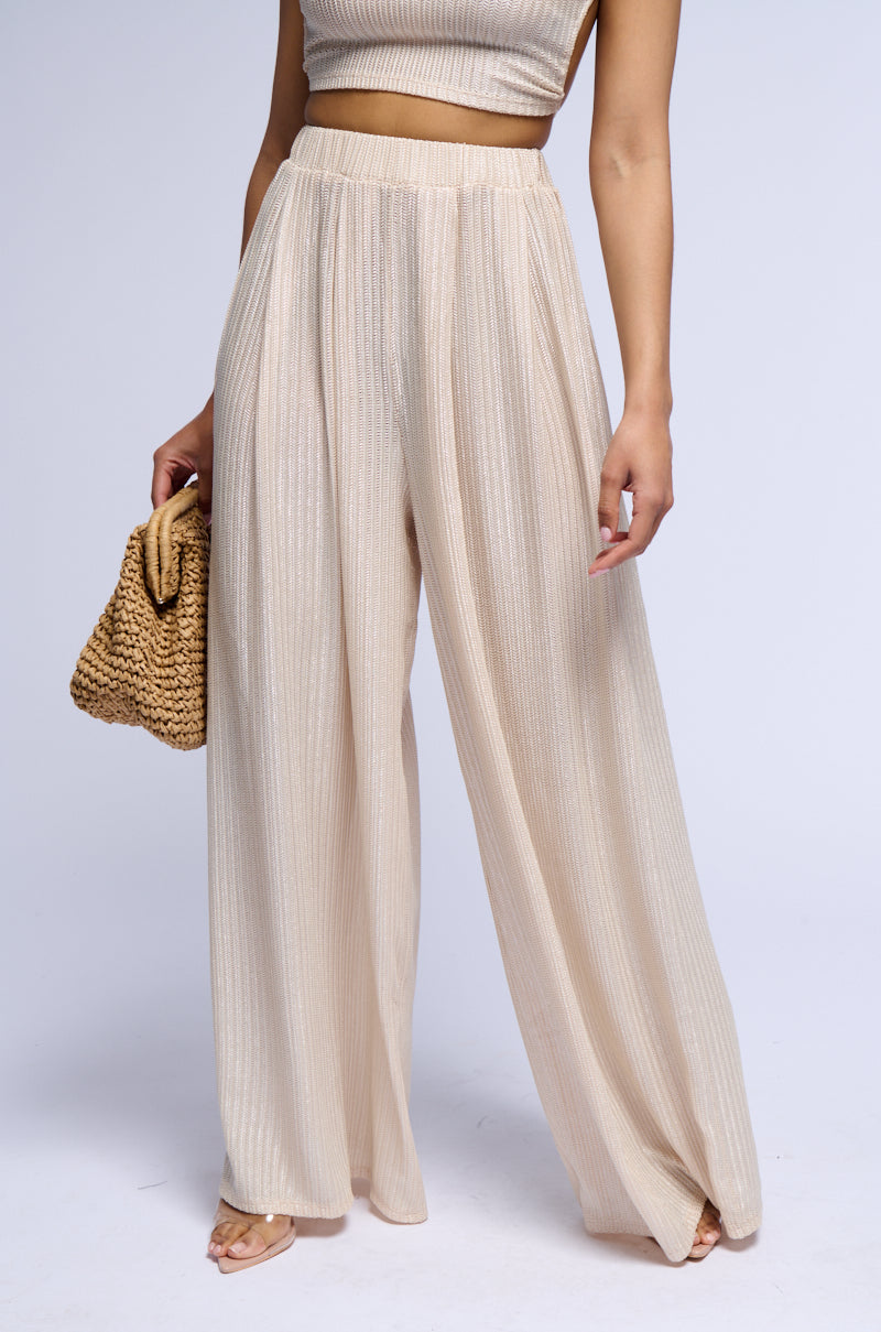 Front View Just Like Magic Metallic Knit Wide Leg Pant In Beige