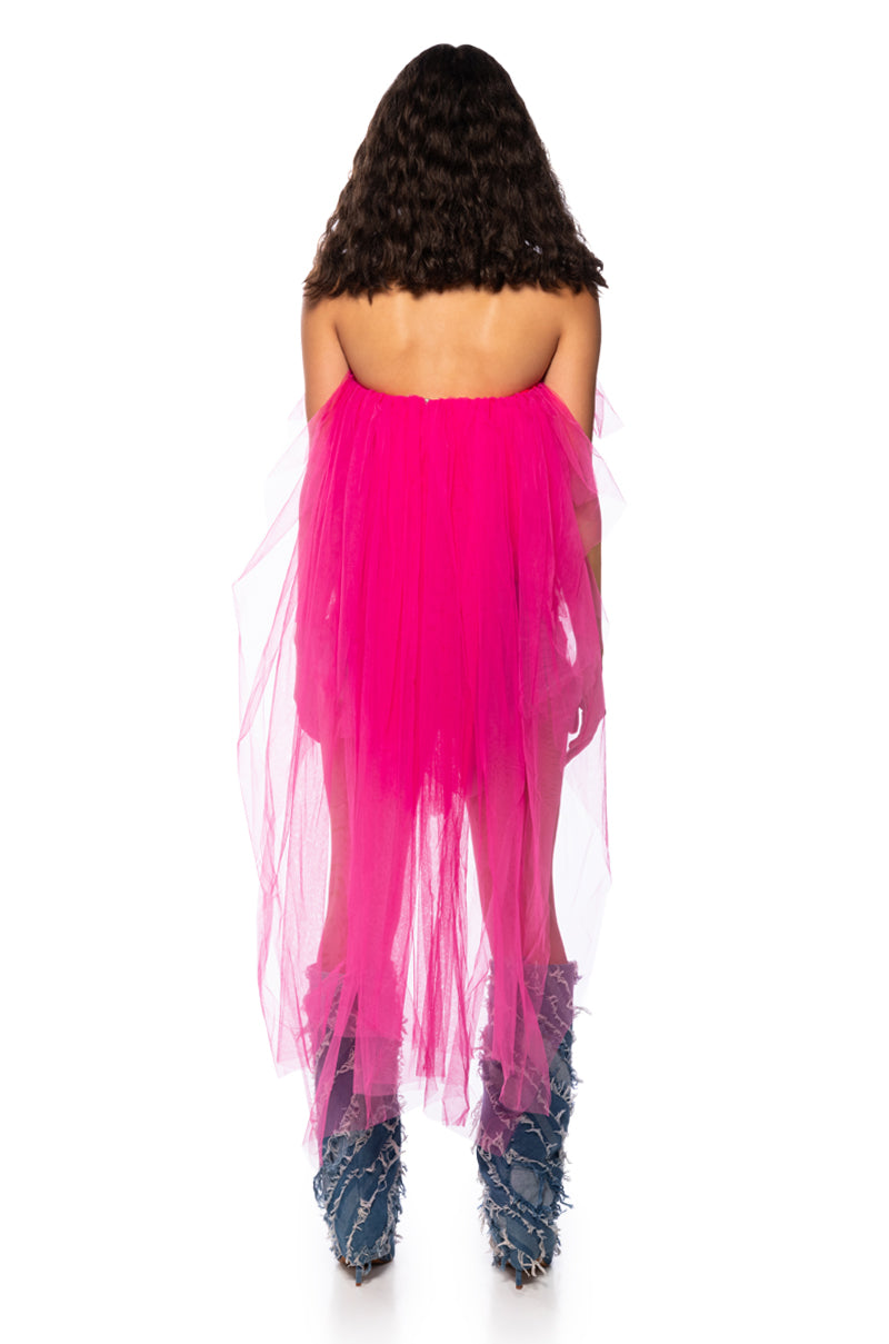 Back View Kaden Strapless High Low Tulle Top In Pink