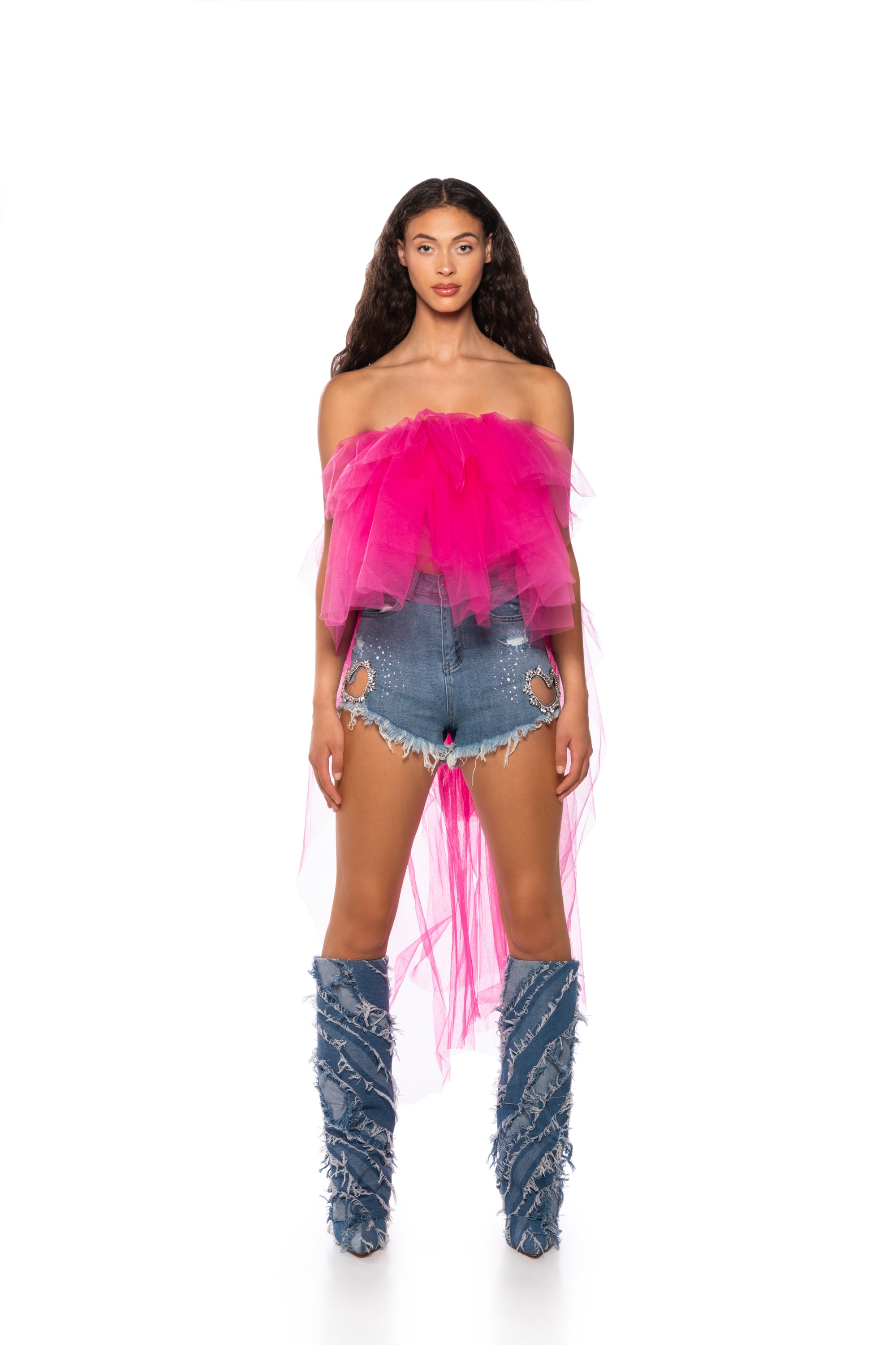 Full View Kaden Strapless High Low Tulle Top In Pink