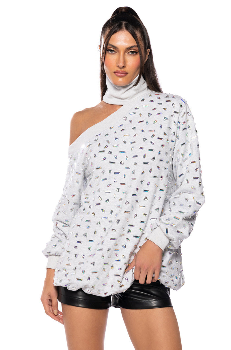 Front View Kaleidoscope Embellished Off Shoulder Sweatshirt
