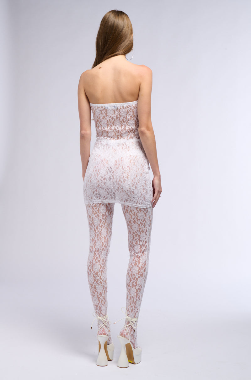KARA LACE MINI DRESS AND TIGHT SET IN WHITE AKIRA KARA LACE MINI DRESS AND TIGHT SET IN WHITE AKIRA