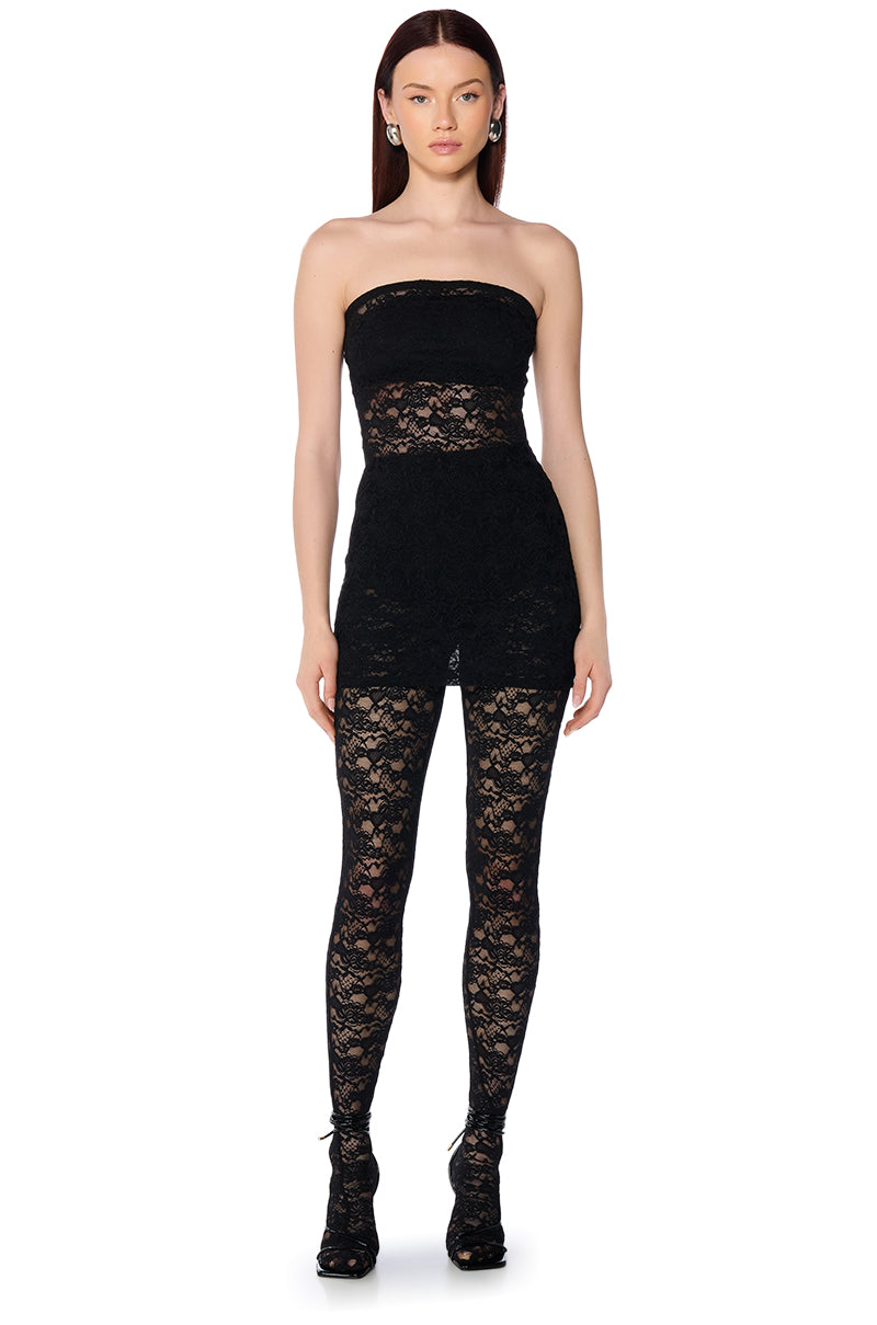 KARA LACE MINI DRESS AND TIGHT SET AKIRA KARA LACE MINI DRESS AND TIGHT SET AKIRA