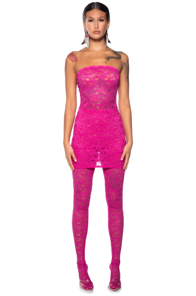 KARA LACE MINI DRESS AND TIGHT SET AKIRA KARA LACE MINI DRESS AND TIGHT SET AKIRA