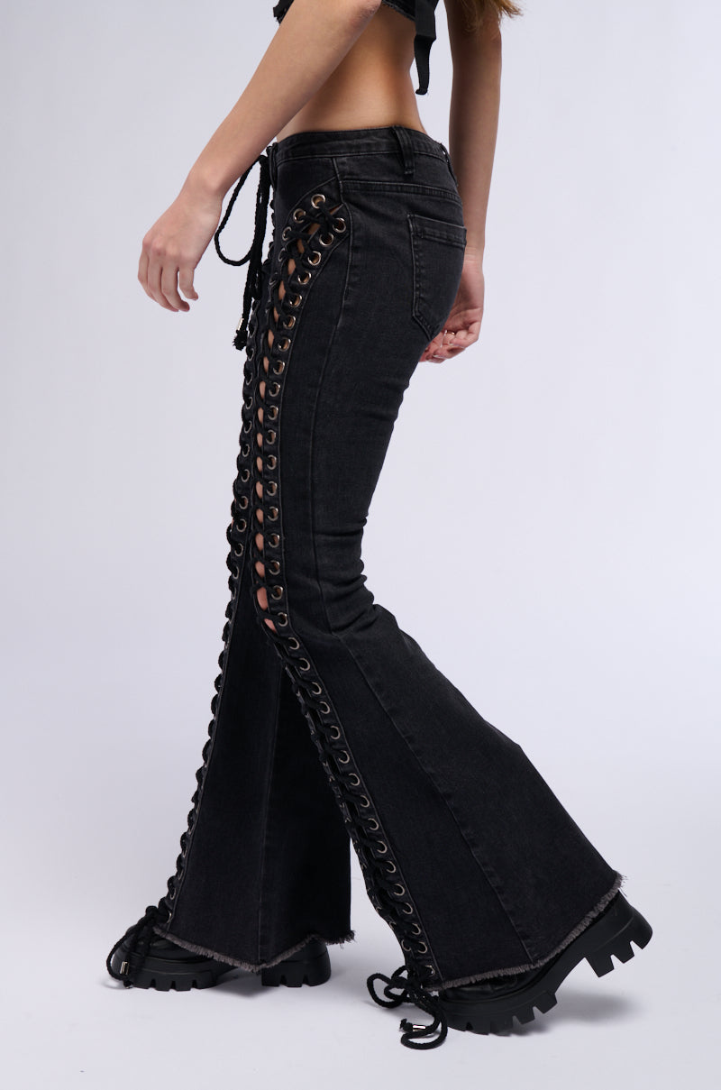 Side View Kat Lace Up Low Rise Flare Jeans