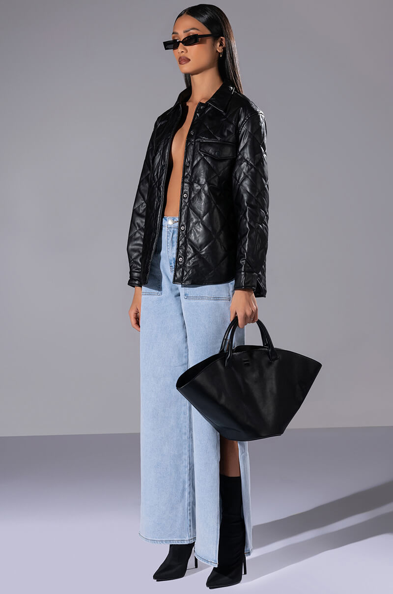 Side View Kate Quilted Faux Leather Button Down Shirt