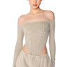 Front View Katrina Mineral Wash Off The Shoulder Bodysuit In Light Grey