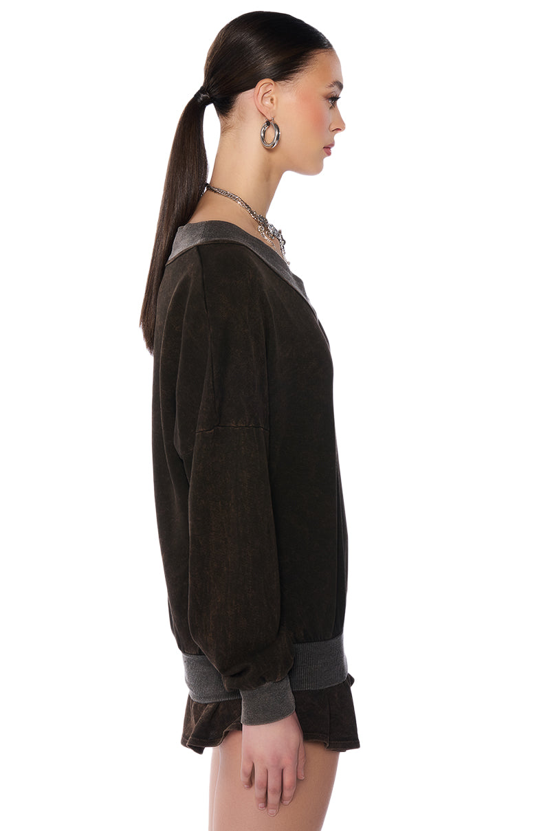 Back View Kaylani V Neck Sweatshirt In Charcoal Grey