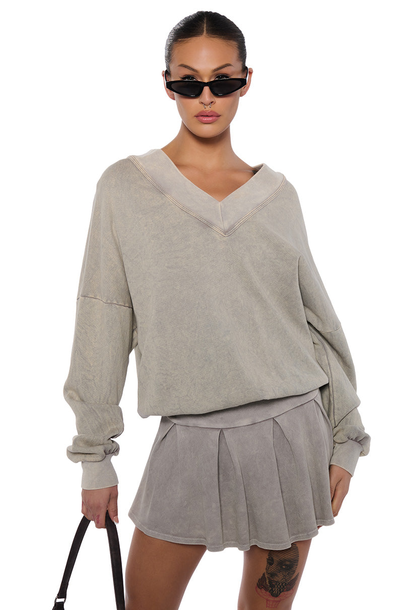 Front View Kaylani V Neck Sweatshirt In Light Grey