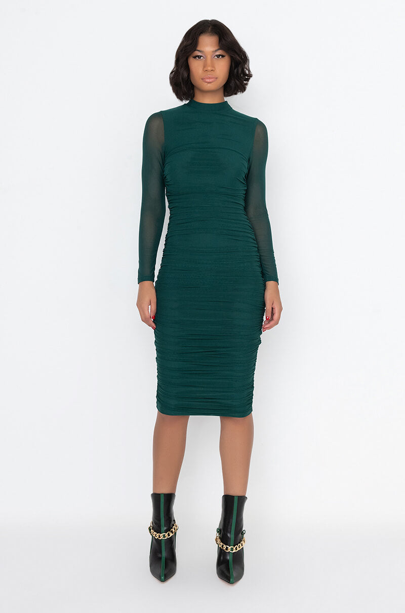Extra View Keep It Low Key Long Sleeve Midi Ruched Dress