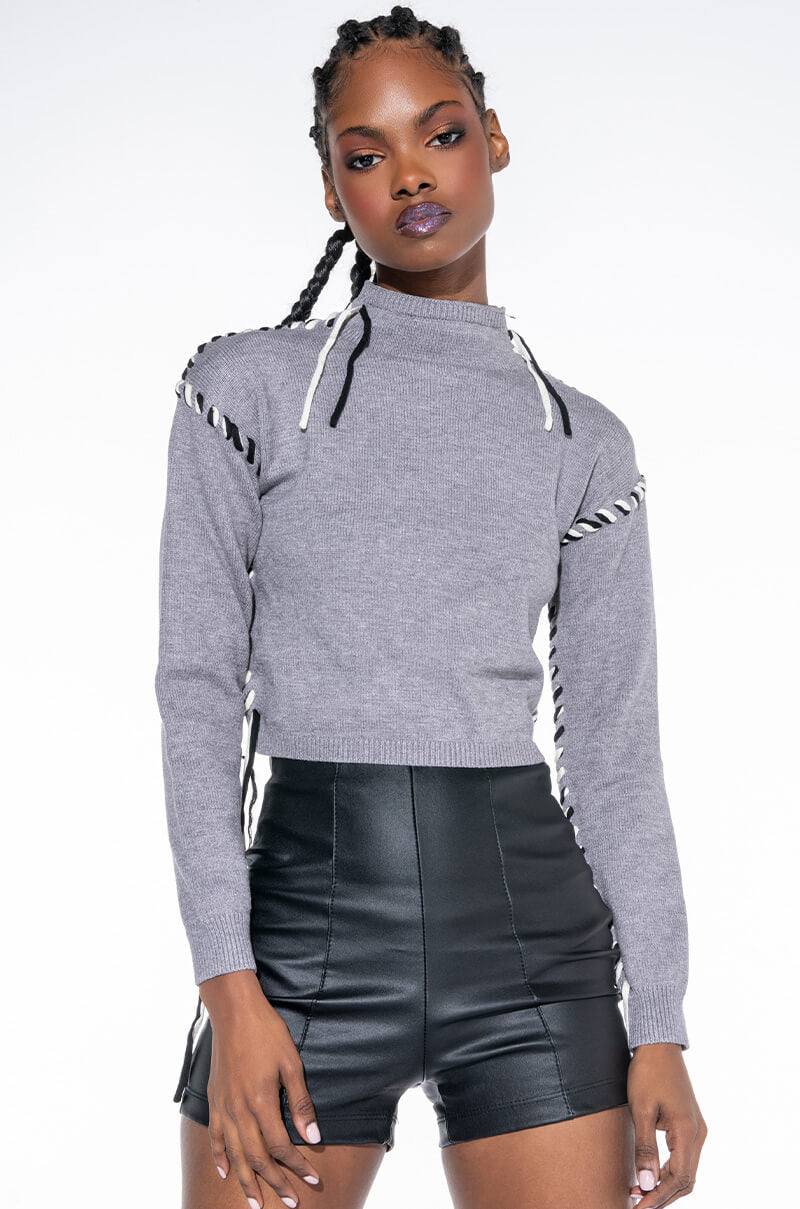 Front View Keep It Together Lace Up Detail Crop Mock Neck Sweater