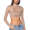 Front View Keep Me Bodied Embellished High Neck Crop Top In Beige Multi