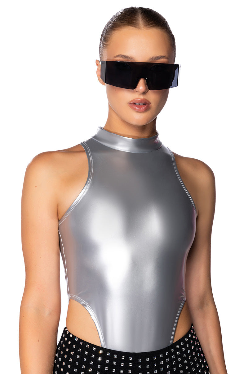 Front View Keep That Same Energy Metallic Sleeveless Bodysuit