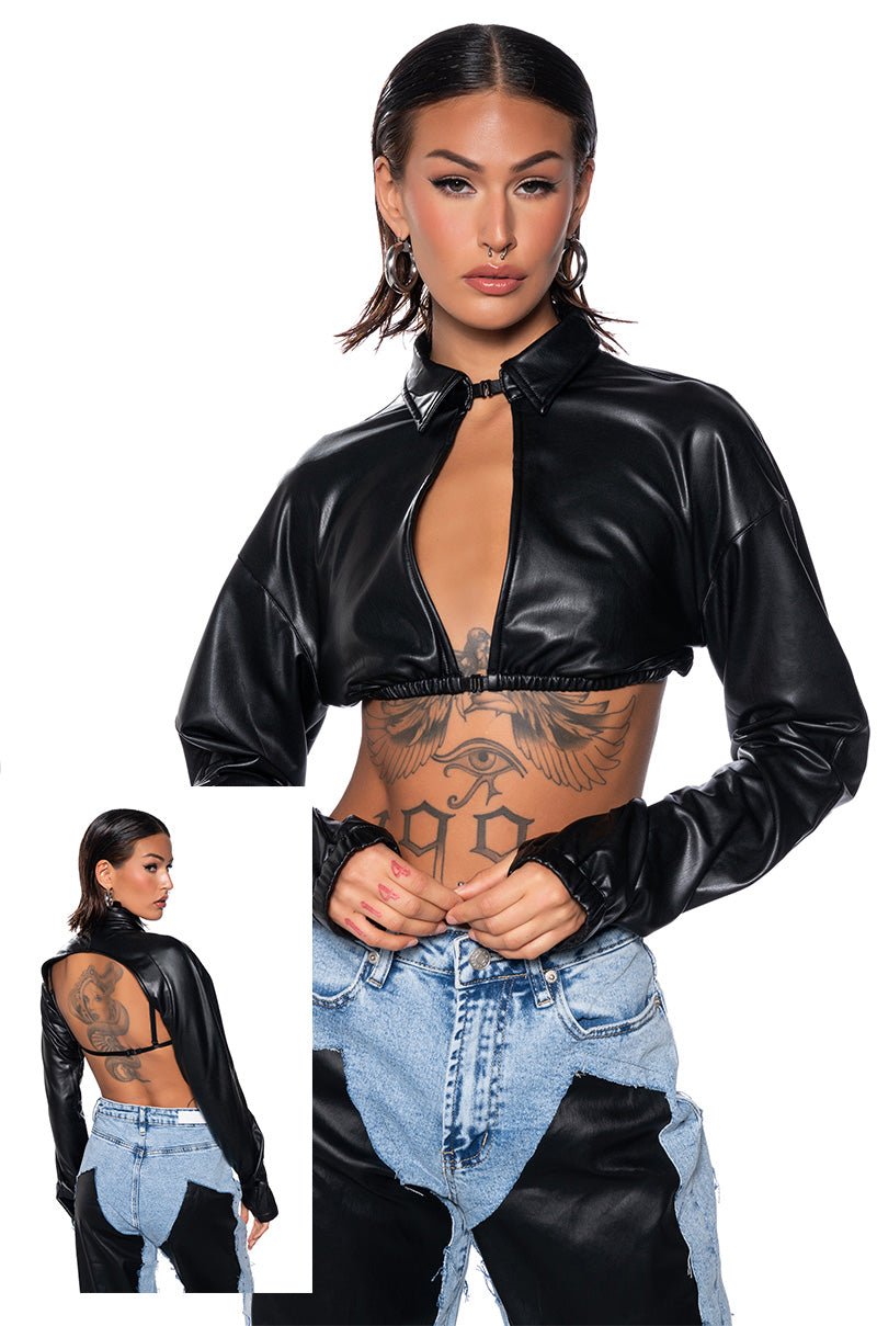 Front View Keep Up Faux Leather Collared Cropped Shirt