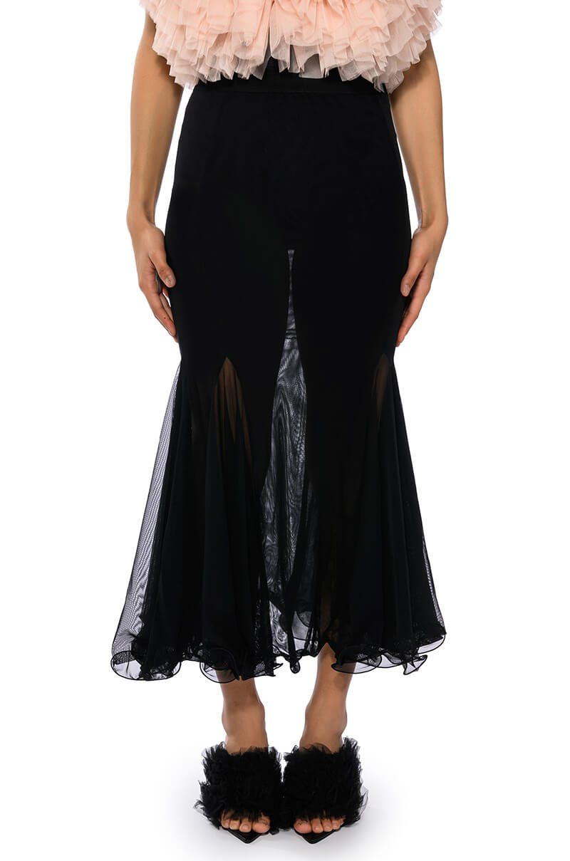 Front View Keep Up Mermaid Flare Mesh Midi Skirt