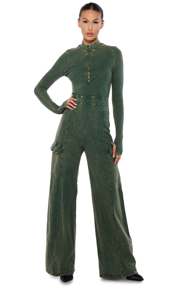 Front View Kelly Quarter Zip Cargo Jumpsuit