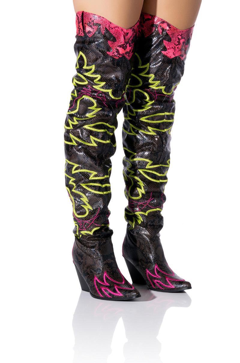 Front View Kelsey Over The Knee Western Boot In Brown Multi