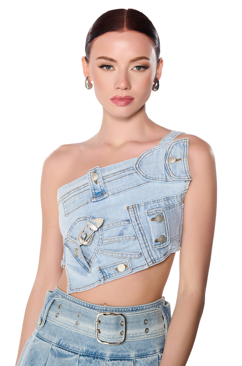 KENLY BUCKLE DETAIL DENIM CROP TOP view 0