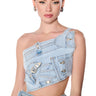 Front View Kenly Buckle Detail Denim Crop Top