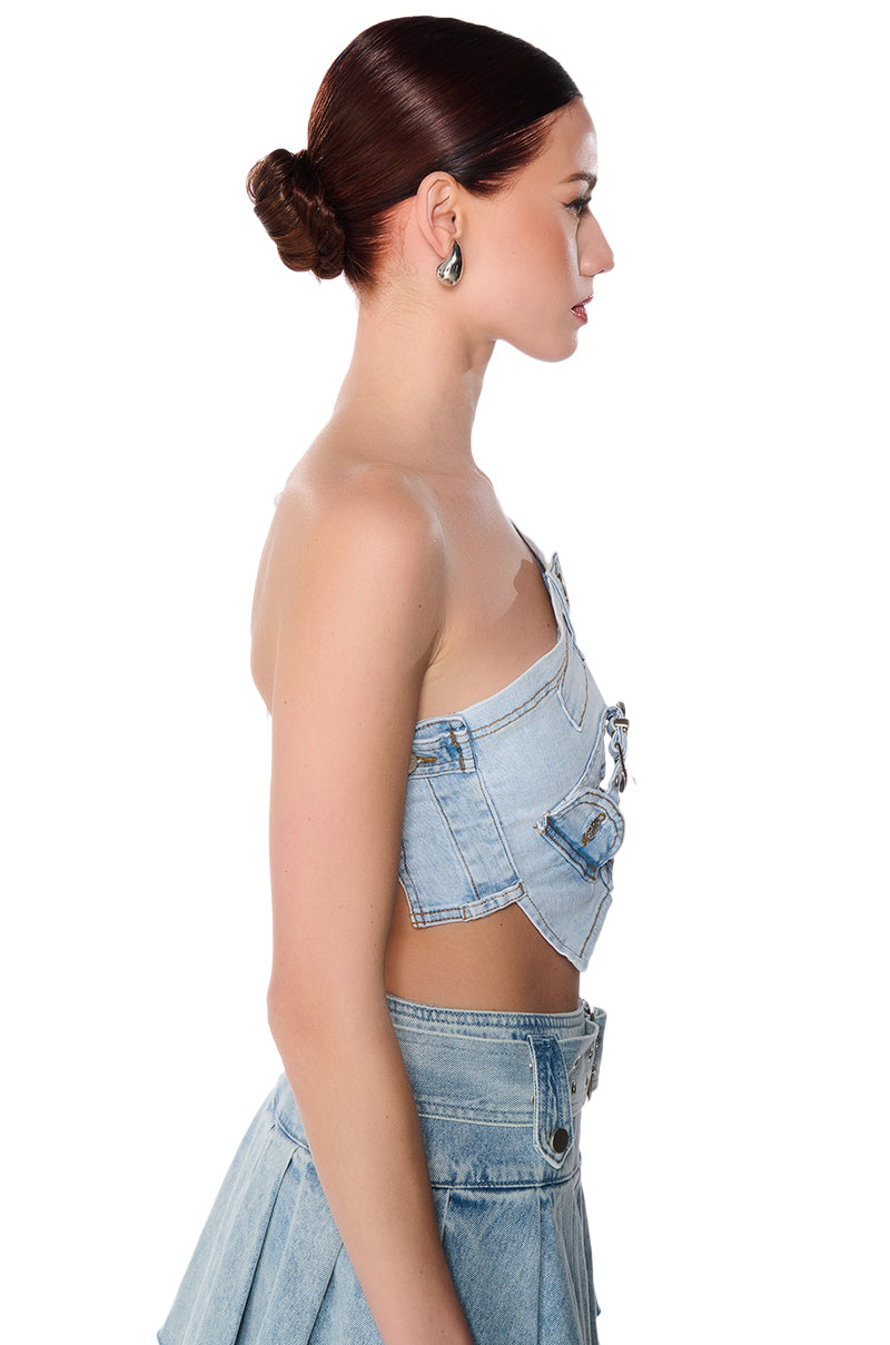 Detail View Kenly Buckle Detail Denim Crop Top