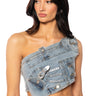 Front View Kenly Buckle Detail Metallic Denim Crop Top In Silver