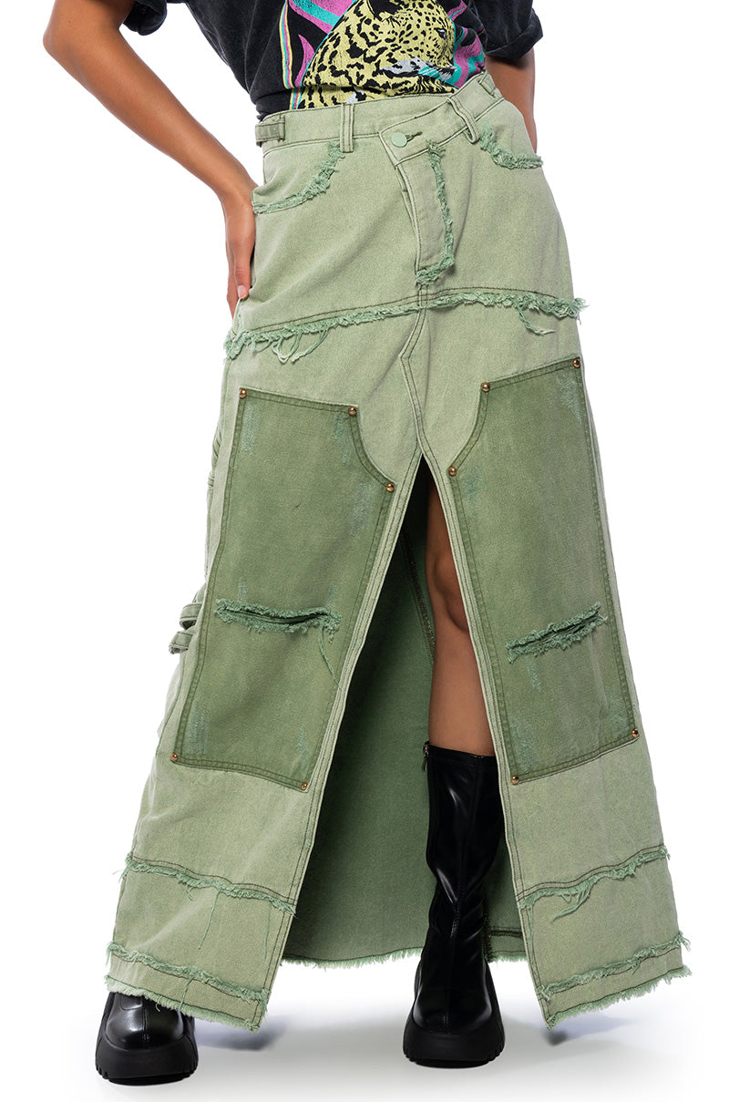 Front View Kenna Front Slit Distressed Denim Maxi Skirt