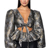 Front View Kenna Metallic Tie Front Cutout Blouse