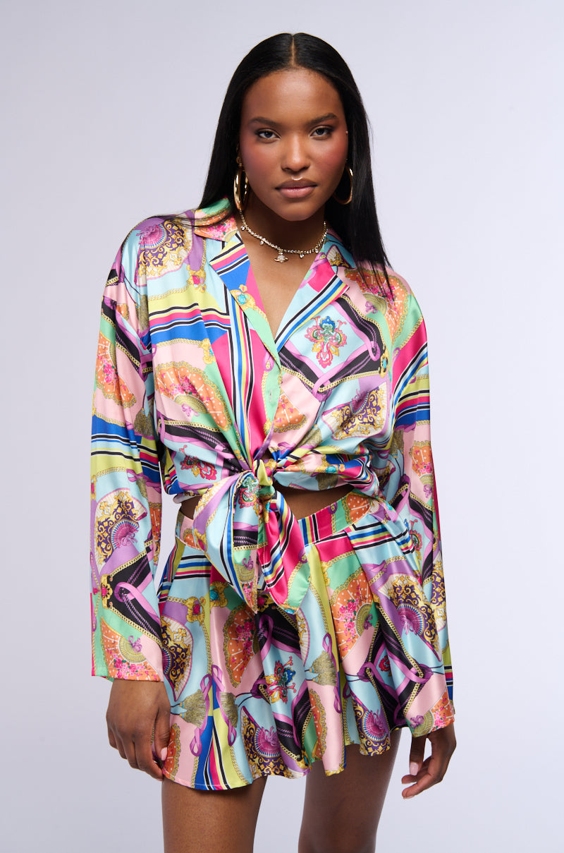 Front View Kenna Scarf Print Satin Button Down Blouse 0