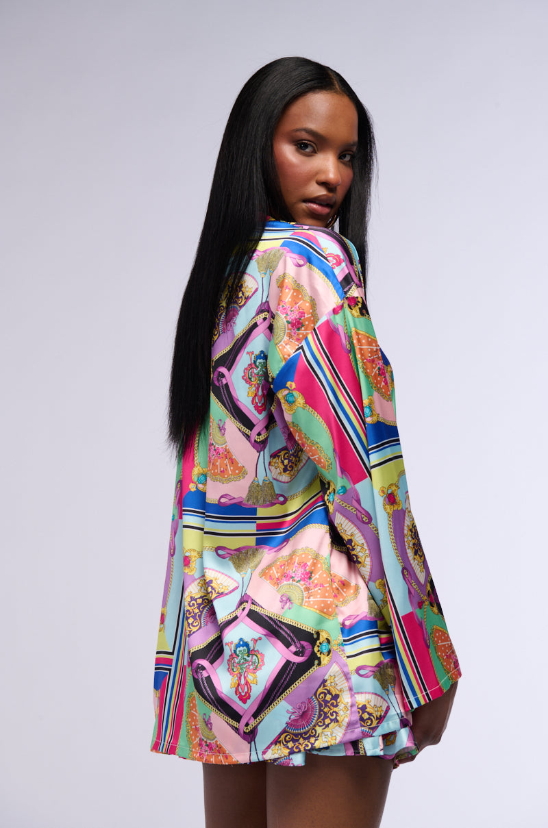 Side View Kenna Scarf Print Satin Button Down Blouse 1