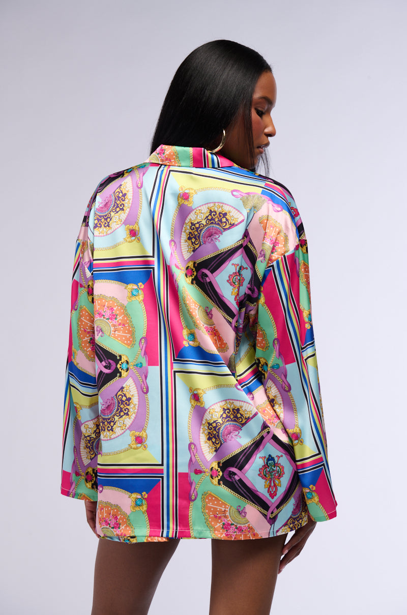 Back View Kenna Scarf Print Satin Button Down Blouse 2