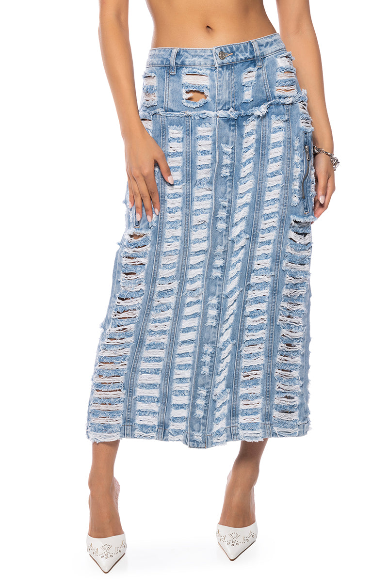 Front View Kennie Distressed Denim Midi Skirt