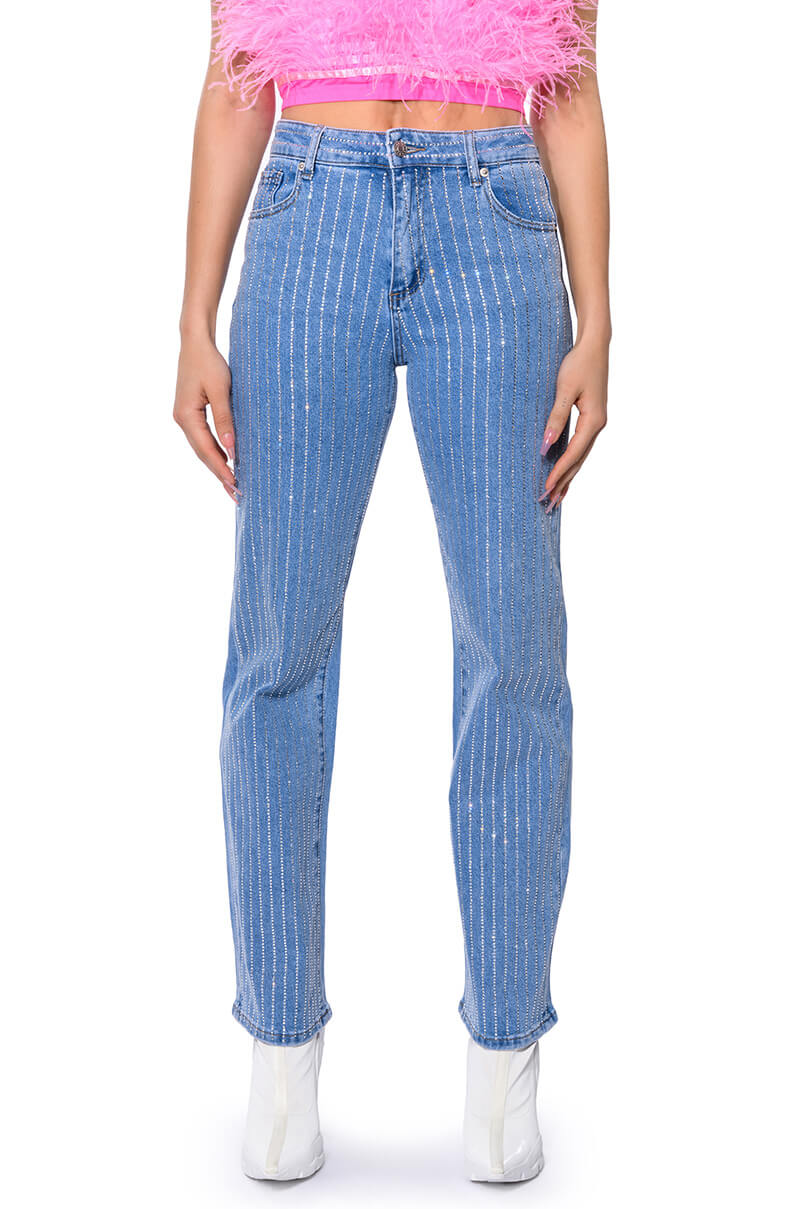 KICK BACK PINSTRIPE RHINESTONE WIDE LEG JEANS view 0