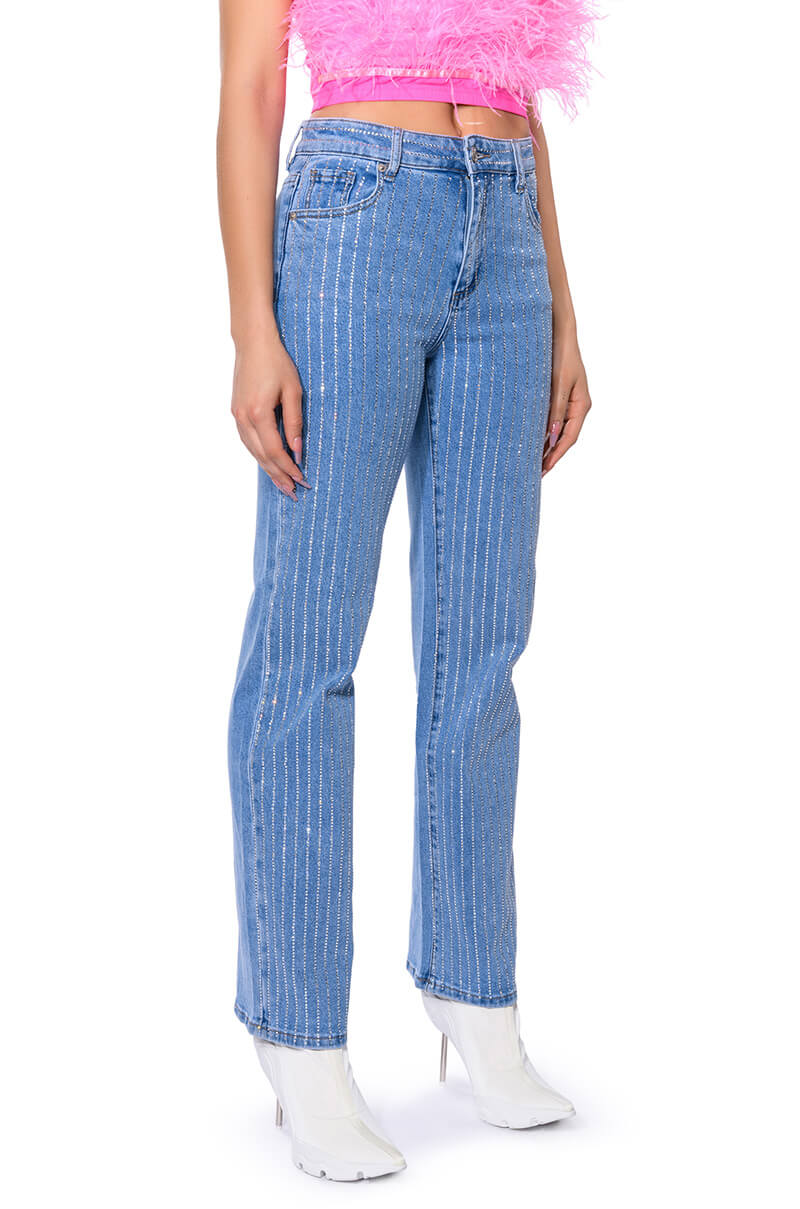 Side View Kick Back Pinstripe Rhinestone Wide Leg Jeans