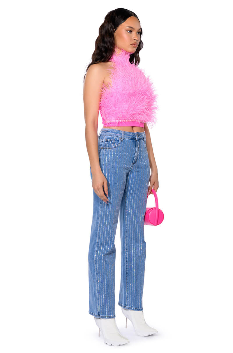 Detail View Kick Back Pinstripe Rhinestone Wide Leg Jeans
