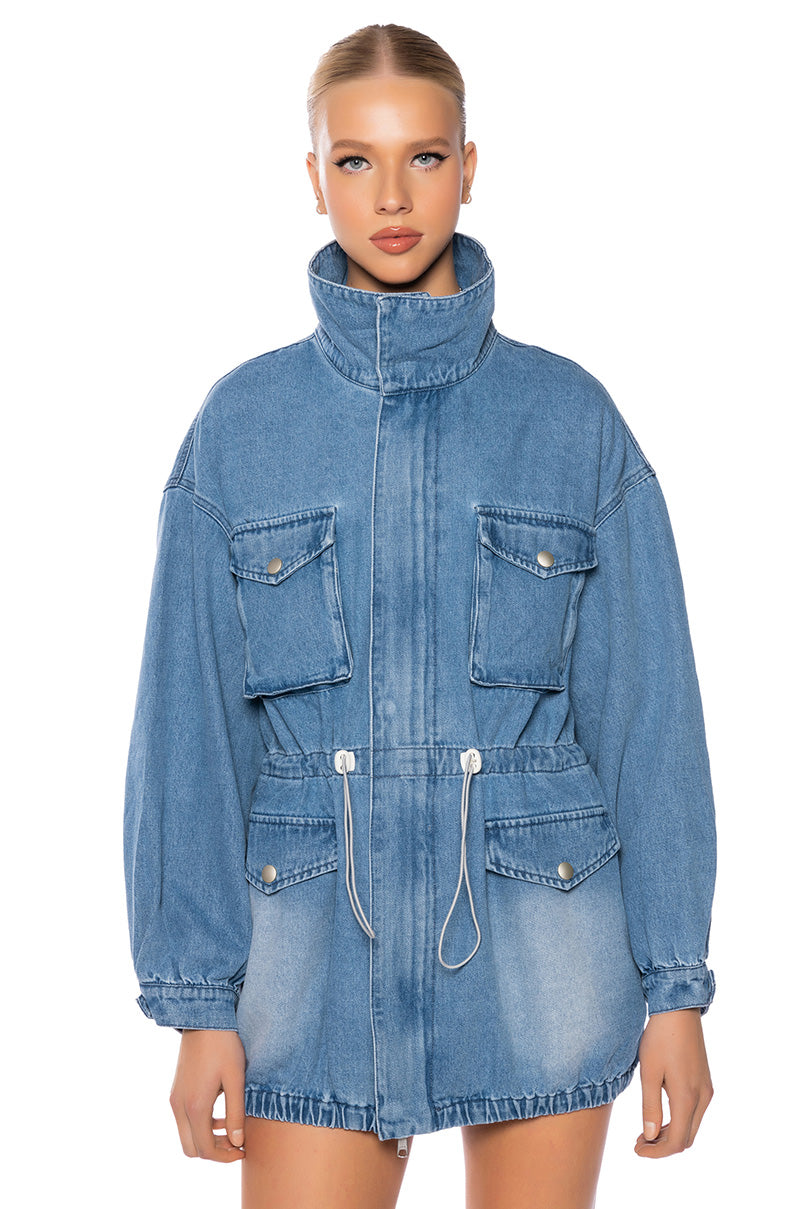 Front View Kickstart Cinched Waist Denim Jacket