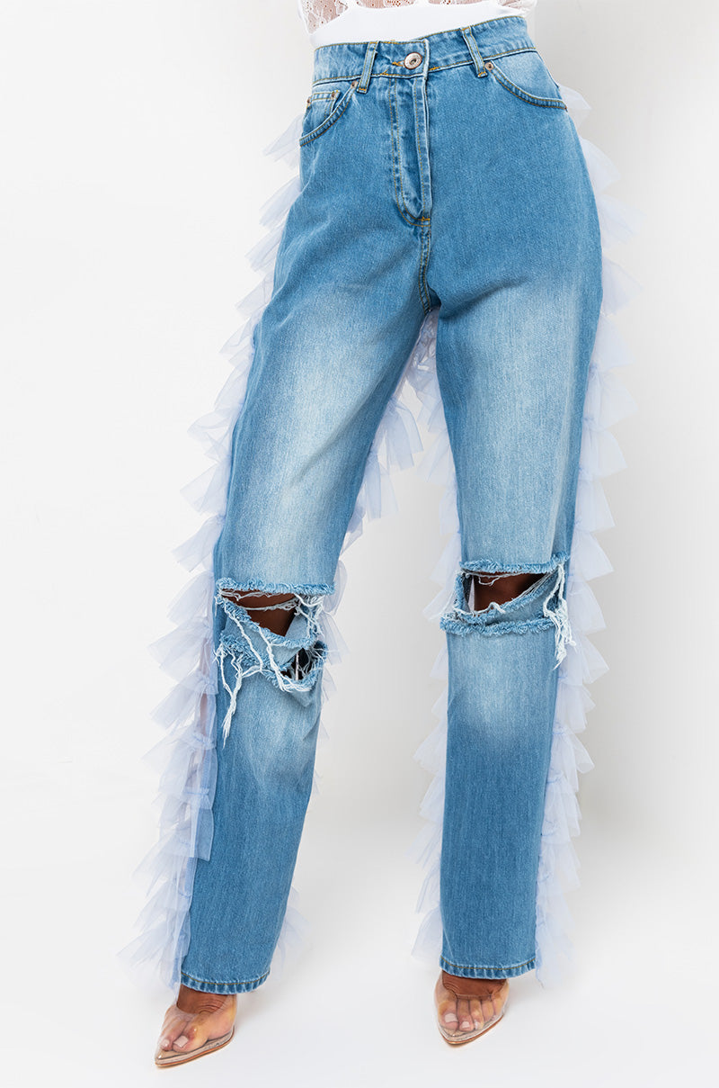 Front View Kiki Riki Best In Show Denim Pants With Tulle in Light Blue 0