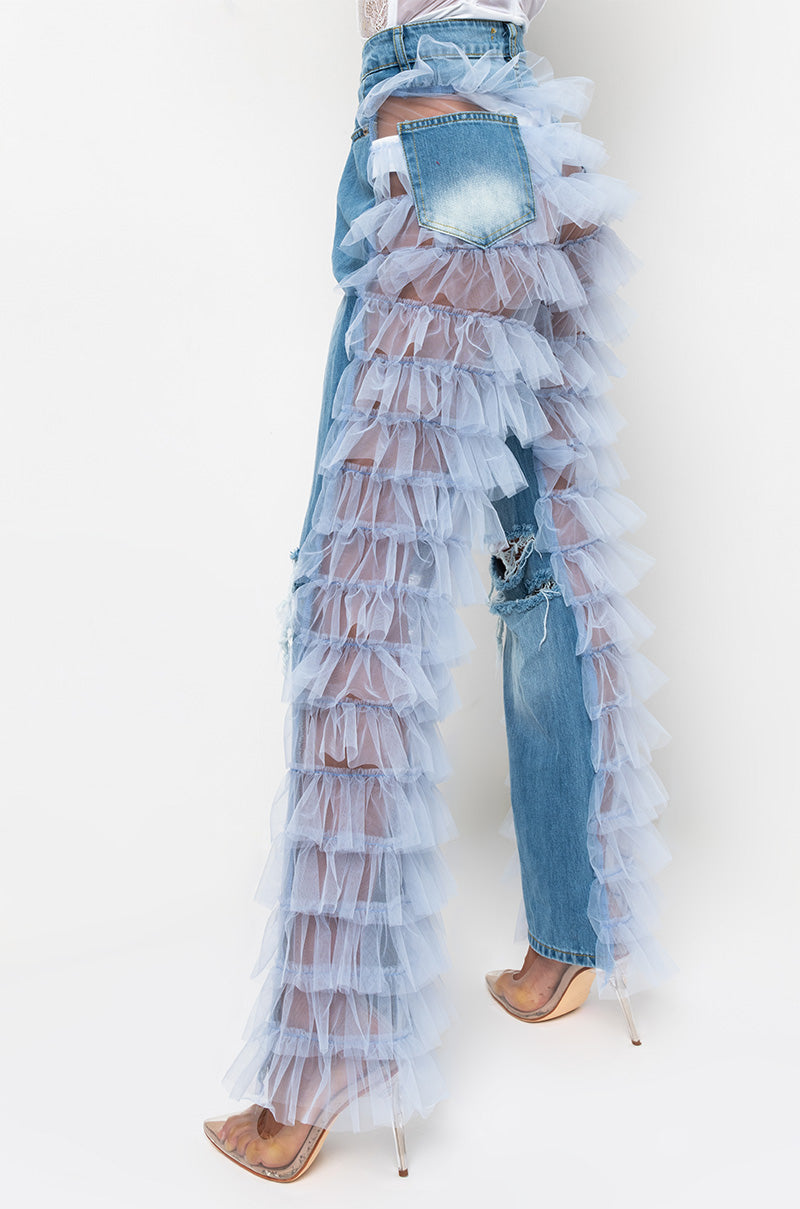 Side View Kiki Riki Best In Show Denim Pants With Tulle in Light Blue 1
