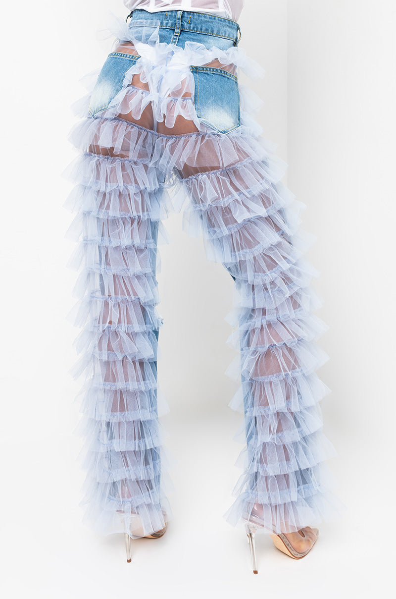 Back View Kiki Riki Best In Show Denim Pants With Tulle in Light Blue 2