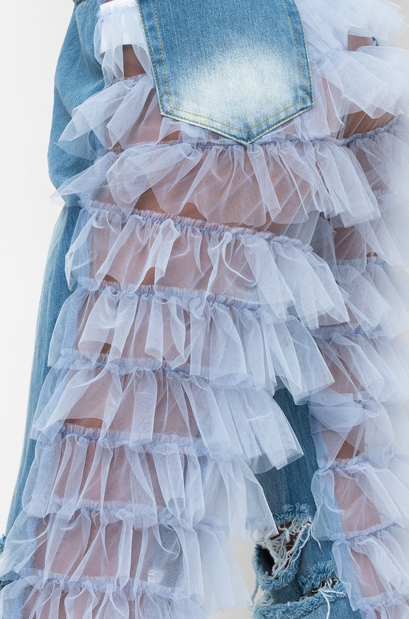 Detail View Kiki Riki Best In Show Denim Pants With Tulle in Light Blue 3
