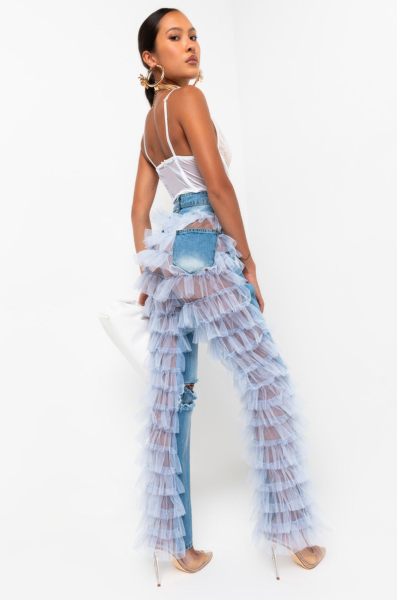 Full View Kiki Riki Best In Show Denim Pants With Tulle in Light Blue 4