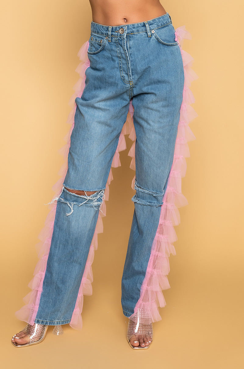 Front View Kiki Riki Best In Show Denim Pants With Tulle in Light Pink 0
