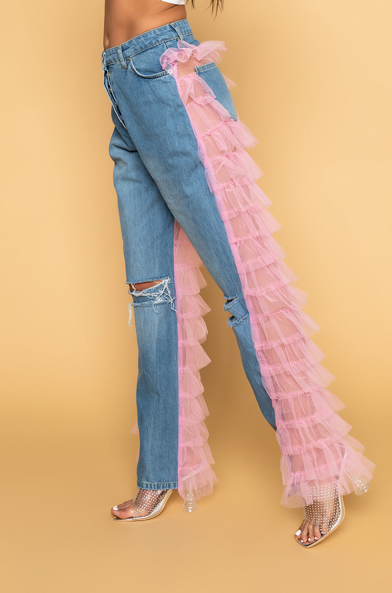 Side View Kiki Riki Best In Show Denim Pants With Tulle in Light Pink 1